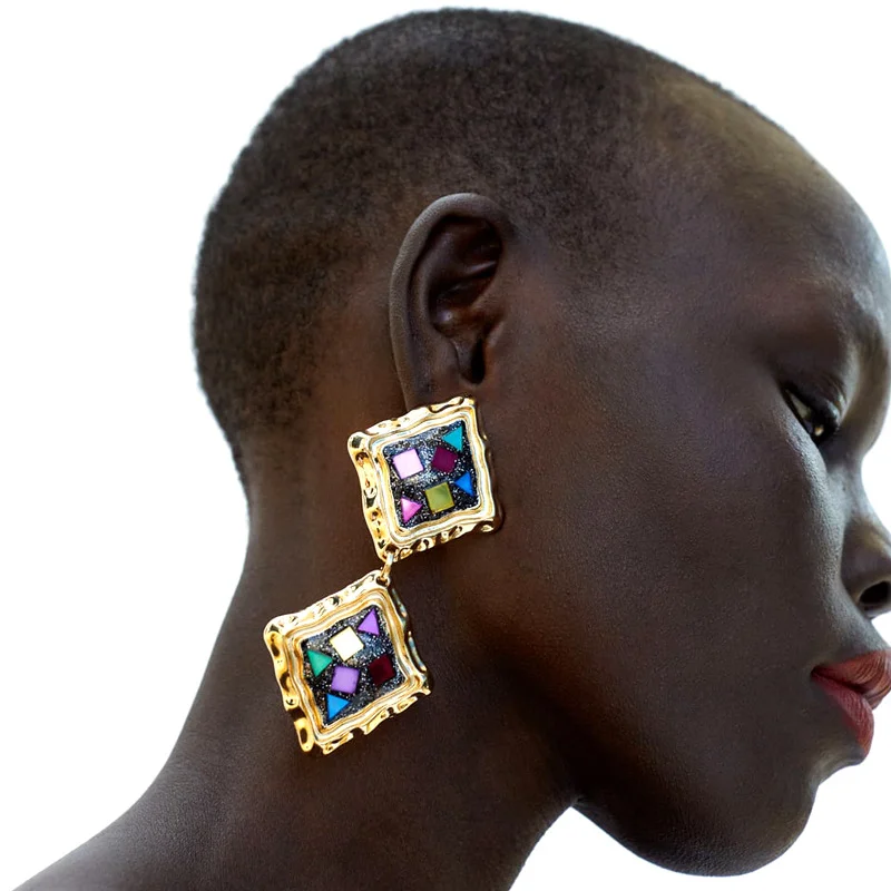

Drop Earrings For Women Vintage Jewelry ZA Multicolored Square Dangle Earrings Metal Dangle Shiny Lady Gift Trendy Bohemian