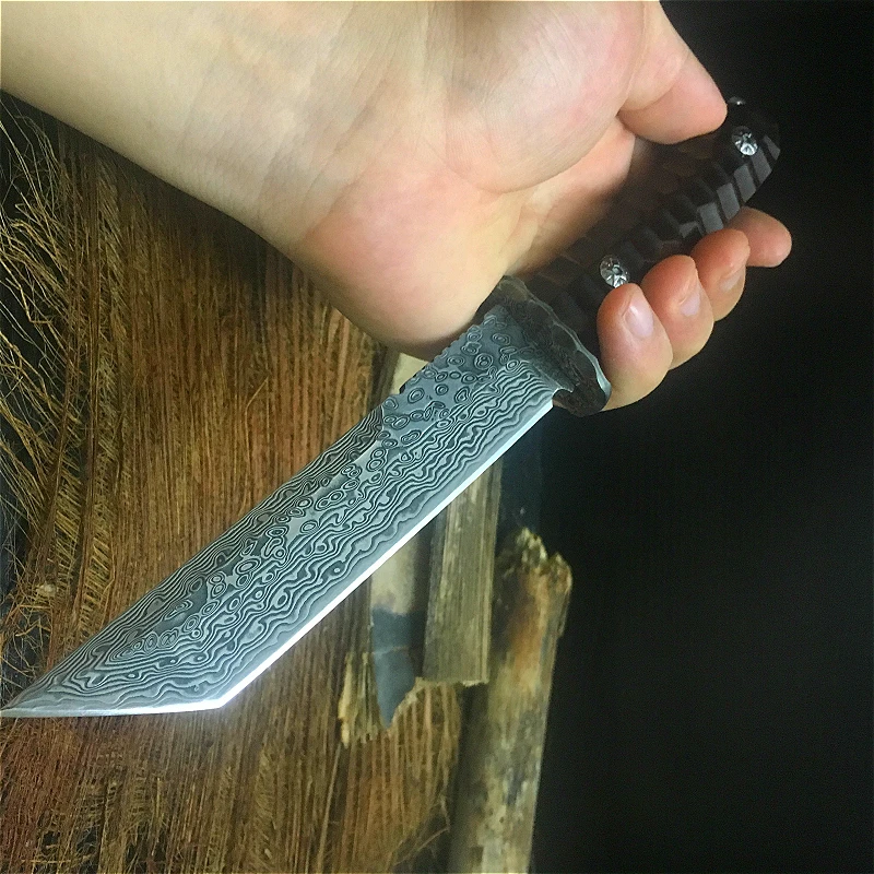Японский Стиль Дамасская сталь G10G стальной сердечник 59-61hrc Тактический Походный нож коллекция ножей конфигурация кожаный чехол