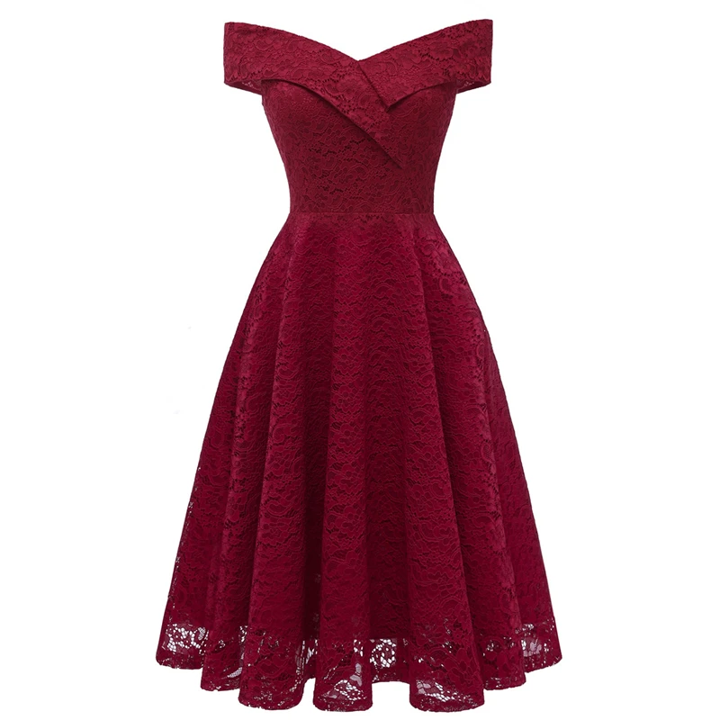 Wine Red Элегантные женские вечерние платья с открытыми плечами и высокой талией, кружевное платье для подружки невесты, женские плиссированные тонкие миди платья - Цвет: Wine Red