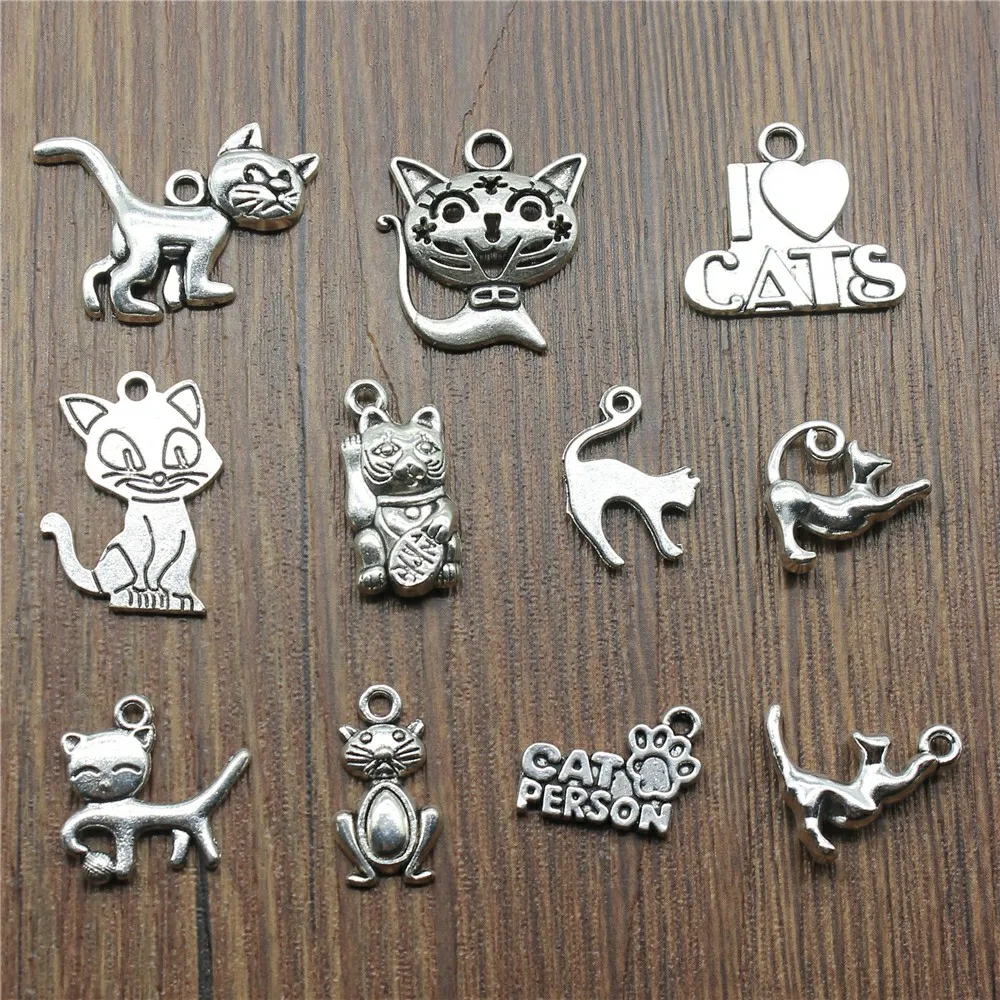 10 шт. Подвески Кошка античное серебро Цвет кулон с милым котом в виде Kawaii Cat для