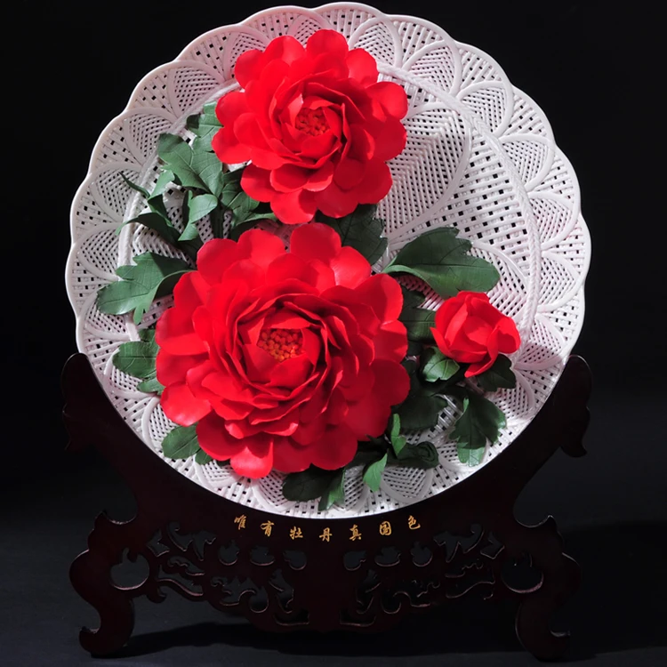 

16 inch Luoyang red peony flower hanging plate Home Furnishing ceramic crafts decoration ornaments hollow handmade art Dehua