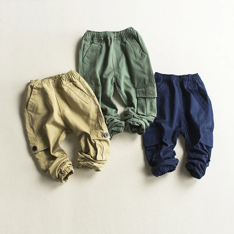 Весенние штаны для мальчиков хлопковые брюки карго маленьких Детские однотонные