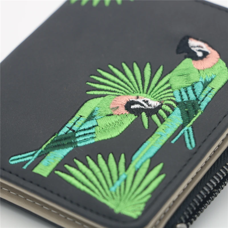 Женский кошелек с вышивкой птицы Portefeuille Femme на молнии, короткий кошелек, кожаный держатель для карт, зеленый, синий, розовый, черный, женские кошельки