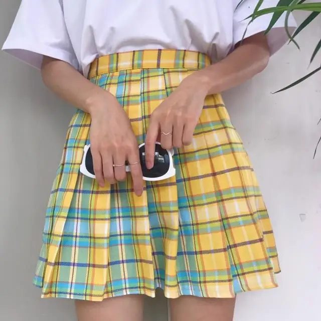 Новинка! Радужная клетчатая юбка женская Kawaii Harajuku мини плиссированная Корейская