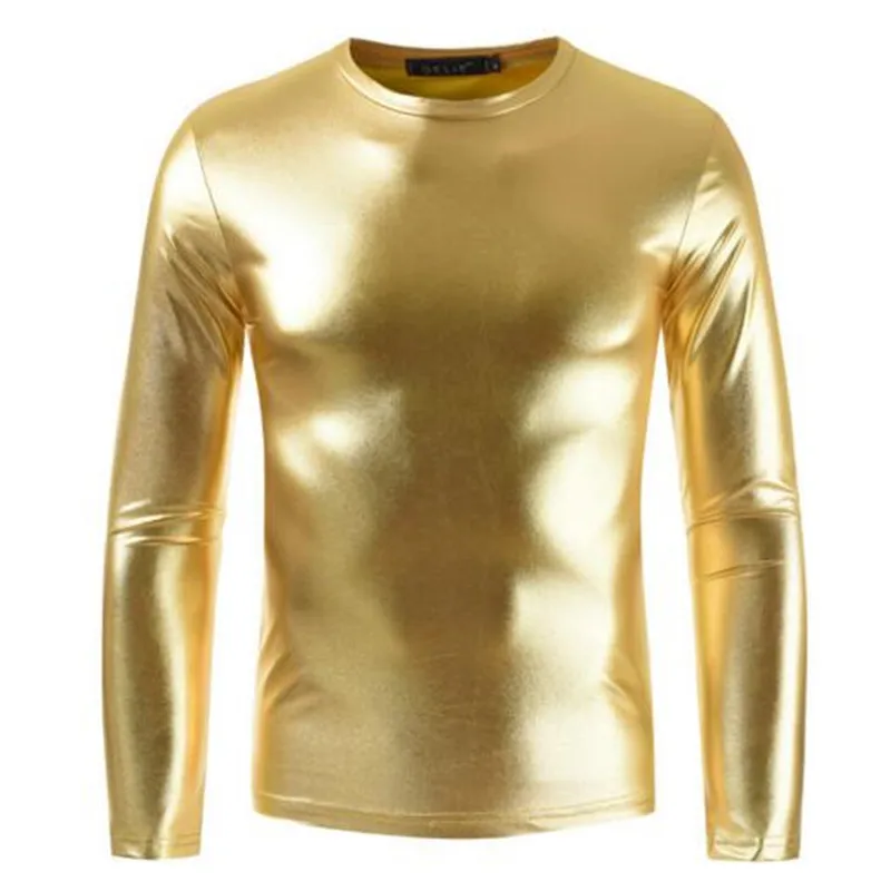 Men t shirt 2021 new long sleeved tshirt men's O neck fashion gold silver shiny t-shirts streetwear camisetas hombre | Мужская