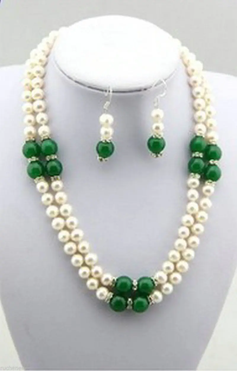 

Jewelry 00714 Exquisite 7-8mm White Freshwater Cultured Pearl Green Jade Necklace 18" Earrings