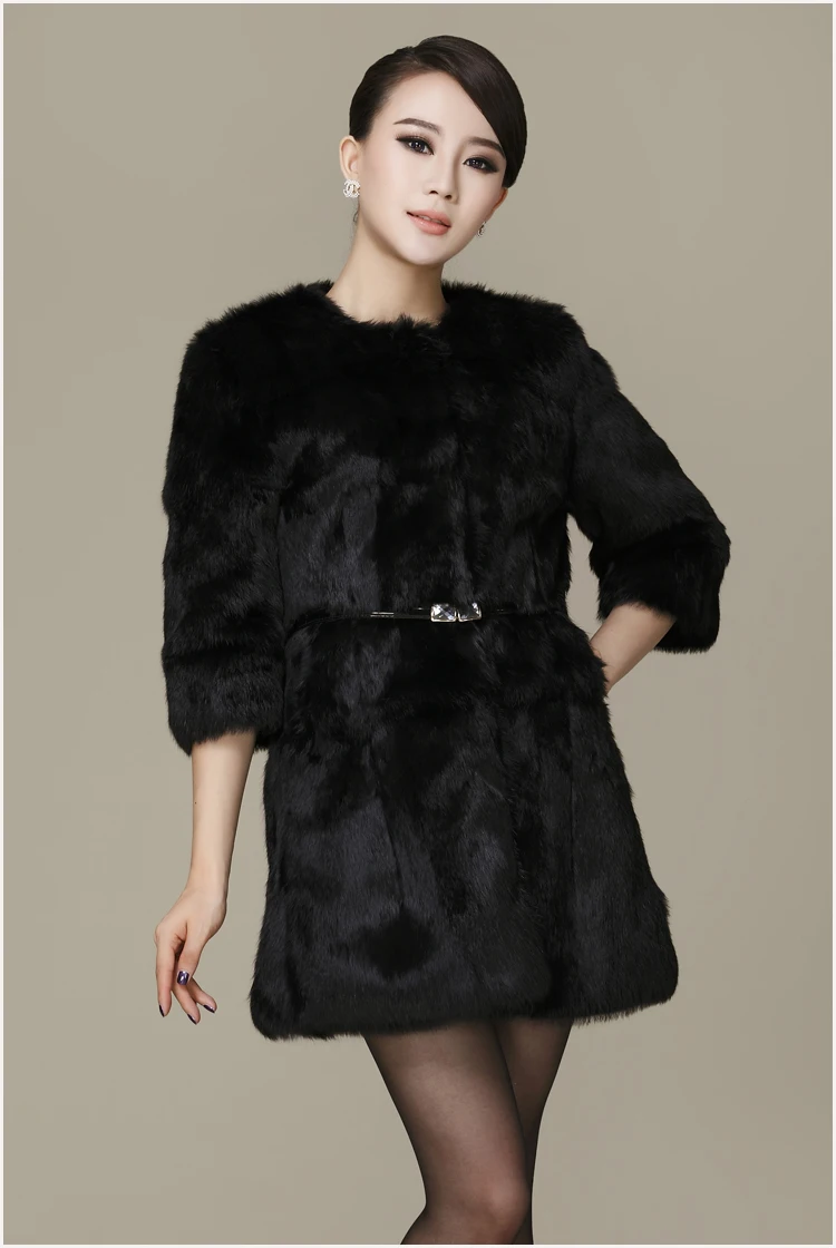 

2018 new arrival autumn and winter noble lady natural full pelt rabbit fur overcoat women long slim O neck coat outerwear