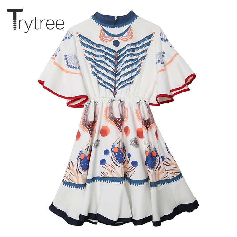 Trytree осеннее женское платье с принтом в полоску, с круглым вырезом, офисное женское платье-рубашка с рукавами-рюшами, на молнии, мини-платье трапециевидной формы, Повседневное платье
