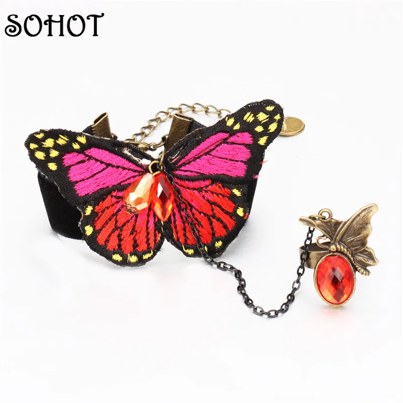 SOHOT Handmade Embroidery Butterfly Bracelets Rings Trendy Jewelry Set Crystal Cotton Antique Chain Party Accessories Women Gift | Украшения