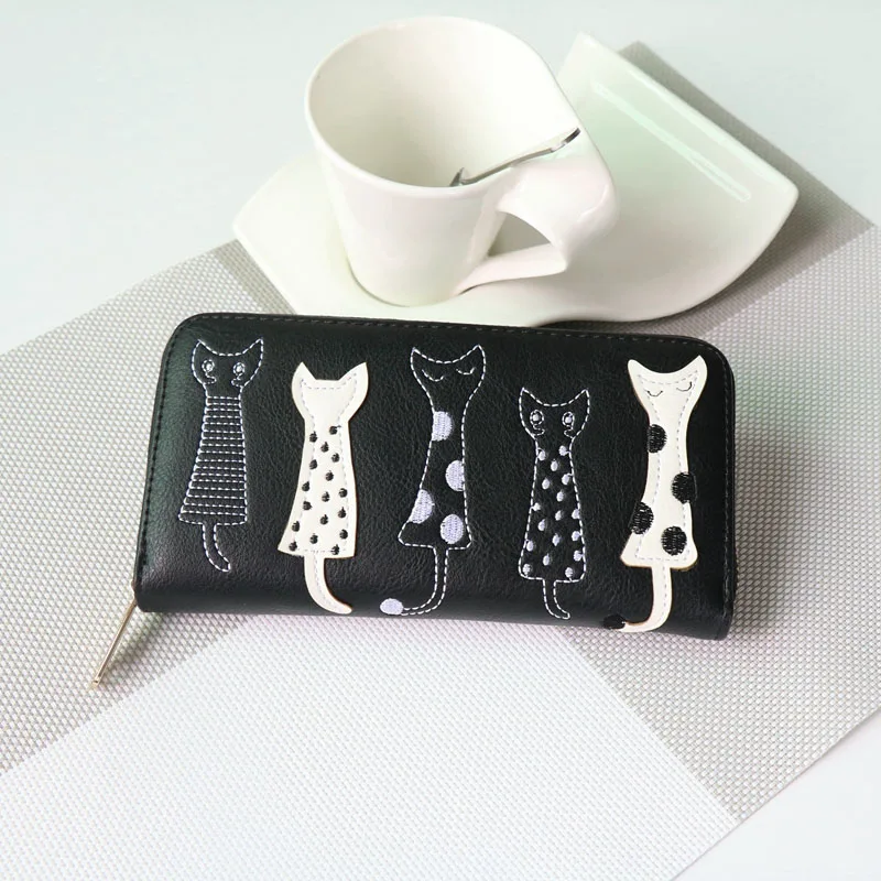 Новый женский кошелек с рисунком кота длинный Повседневный клатч на молнии для