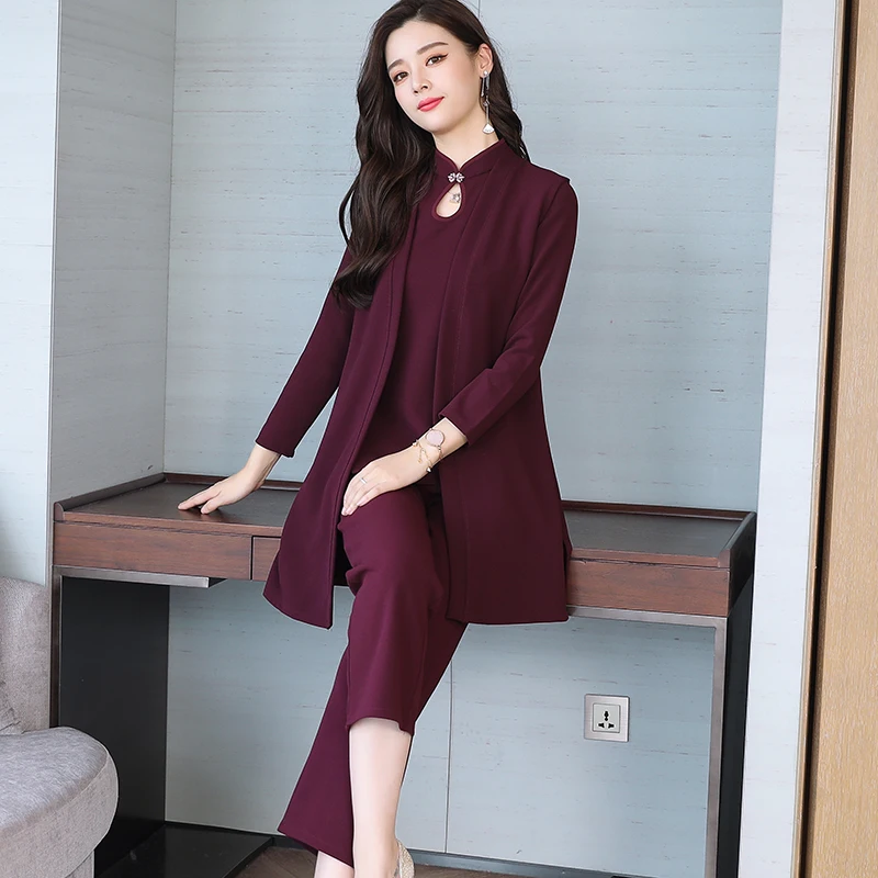 Autumn Winter 2018 Cotton Elegant Three Piece Set Women Long Coat + Sleeve Top Wide Leg Pants Loose Vogue Casual Suits | Женская одежда
