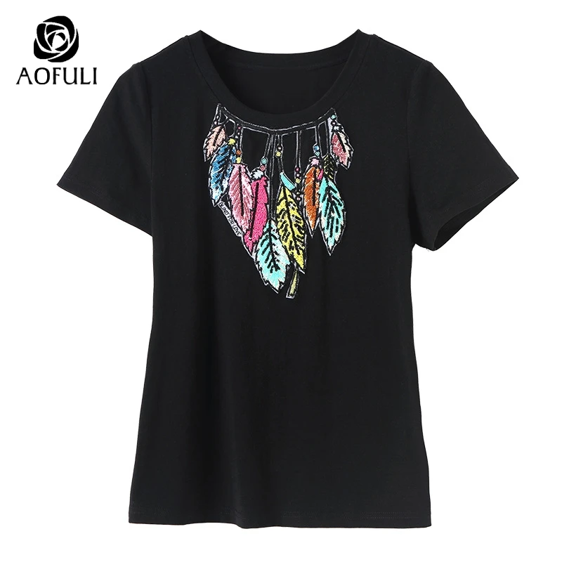Размер S/M/L/XL разноцветная футболка с вышитыми листьями летняя коротким рукавом