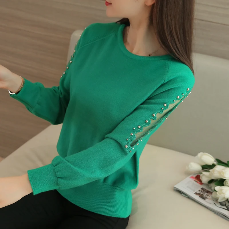 OHCLOTHING свободные женские короткие кружевные бисером на осень-зиму Для женщин свитер универсальная рубашка Одноцветный пуловер Трикотаж