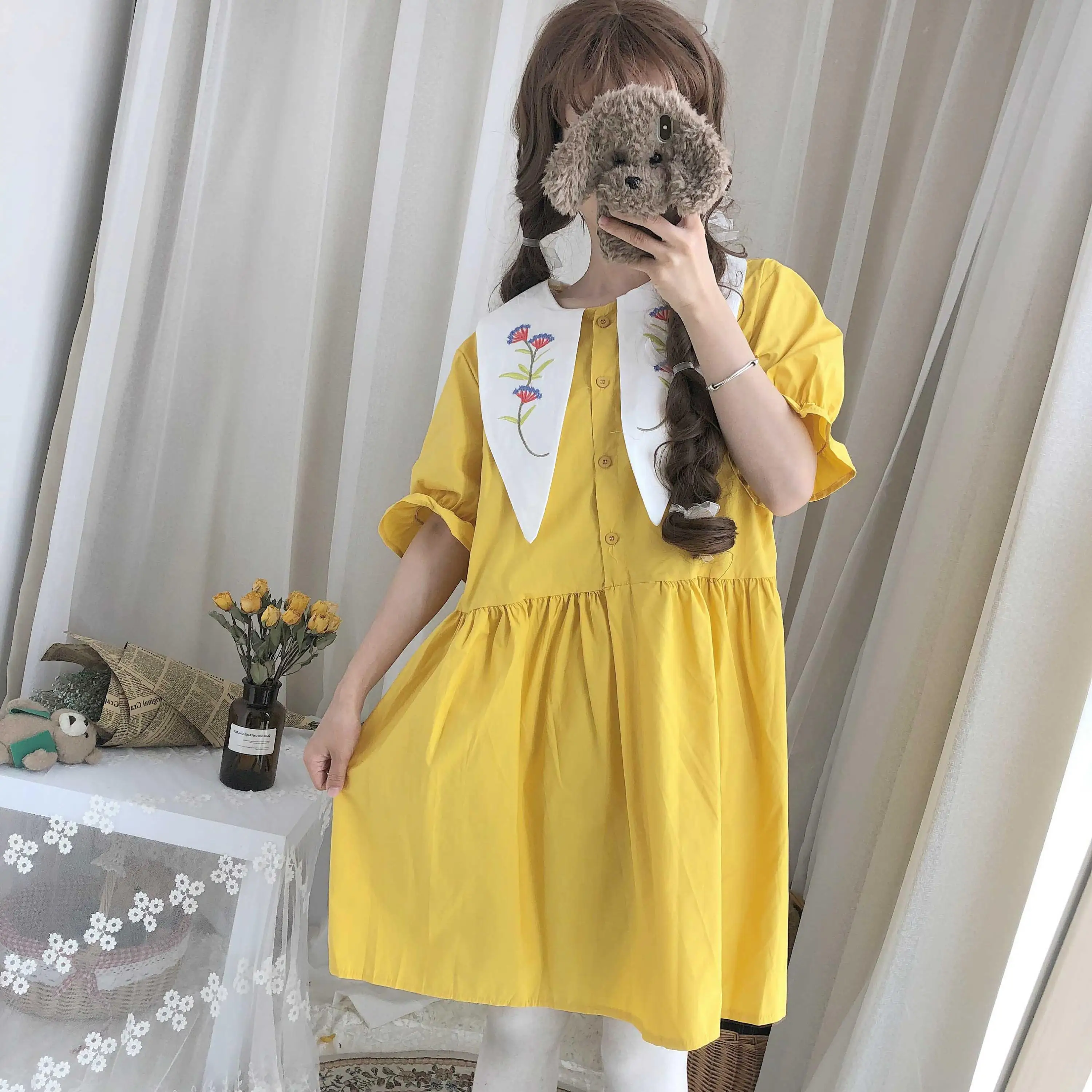 

2019 Summer New Sweet And Lovely College Style Fresh Peter Pan Collar Dress Lolita Japanese Student Embroidered Dress
