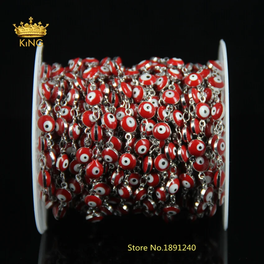 Wholesale 6MM Red Evil Eye Charms Coin Beads Wire Wrapped Beaded Chains Men Rosary Chain For Bracelet Necklace DIY Jewelry DS007 |