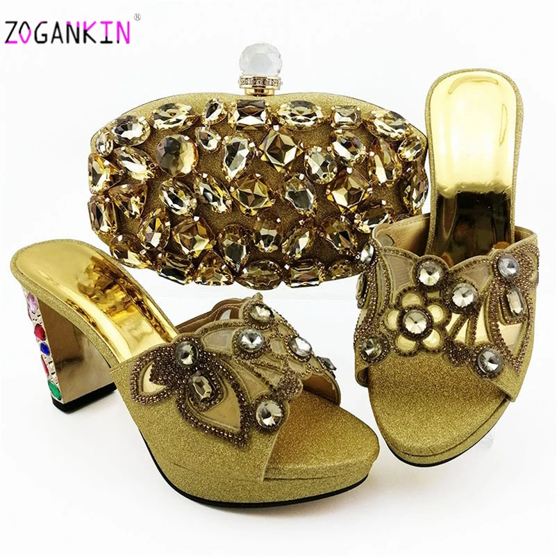 

Gold Autumn 2019 Special Design African Ladies Shoes and Bag to Match with Shinning Crystal Women Slipper for Wedding and Party
