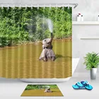 Набор из занавески для душа и коврика для ванны, из водонепроницаемой ткани, с изображением азиатского слона, играющего в реке Тайланда