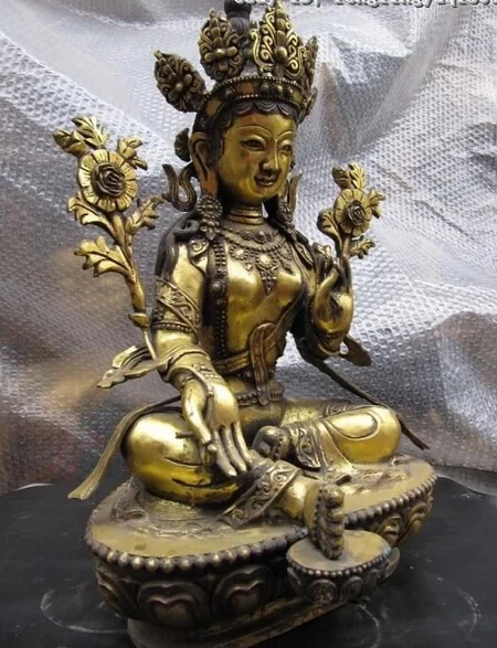 23 &quotТибет Буддизм Бронза Медь gild Зеленая Тара Кван-инь Гуань инь Статуя Будды |