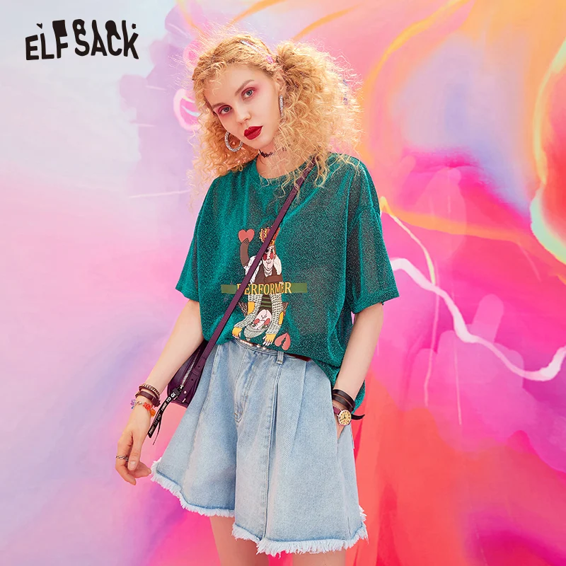 ELFSACK уличная одежда сексуальные блестящие женские топы модная женская футболка с