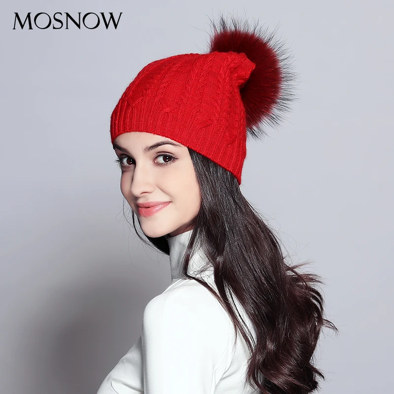 Шерстяная женская зимняя шапка повседневная енота Меховые помпоны В Полоску