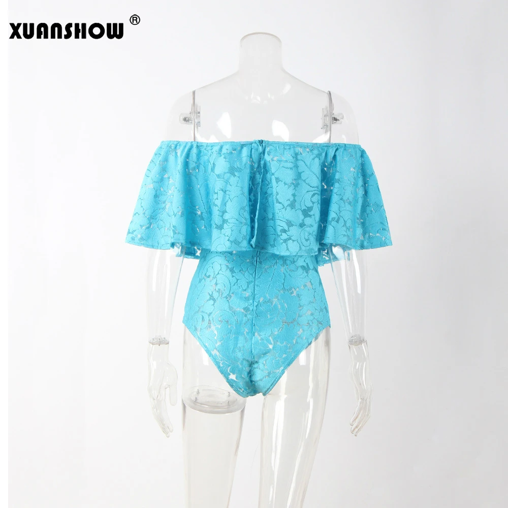 

XUANSHOW 2019 Summer Skinny Sexy Sweetheart Bustier Bodysuit Off Shoulder Ruffles Floral Lace Women's Bodysuits Elegant Rompers