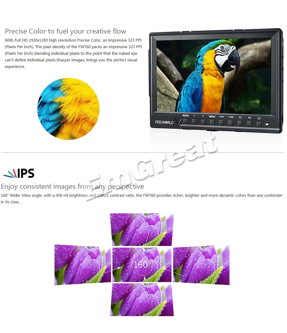 Поддержка Feelworld до 4K FW760 7-дюймовый IPS Full HD 1920x1200 на камеру поле монитора Peaking Focus Assist Histogram Zebra Exposure on.