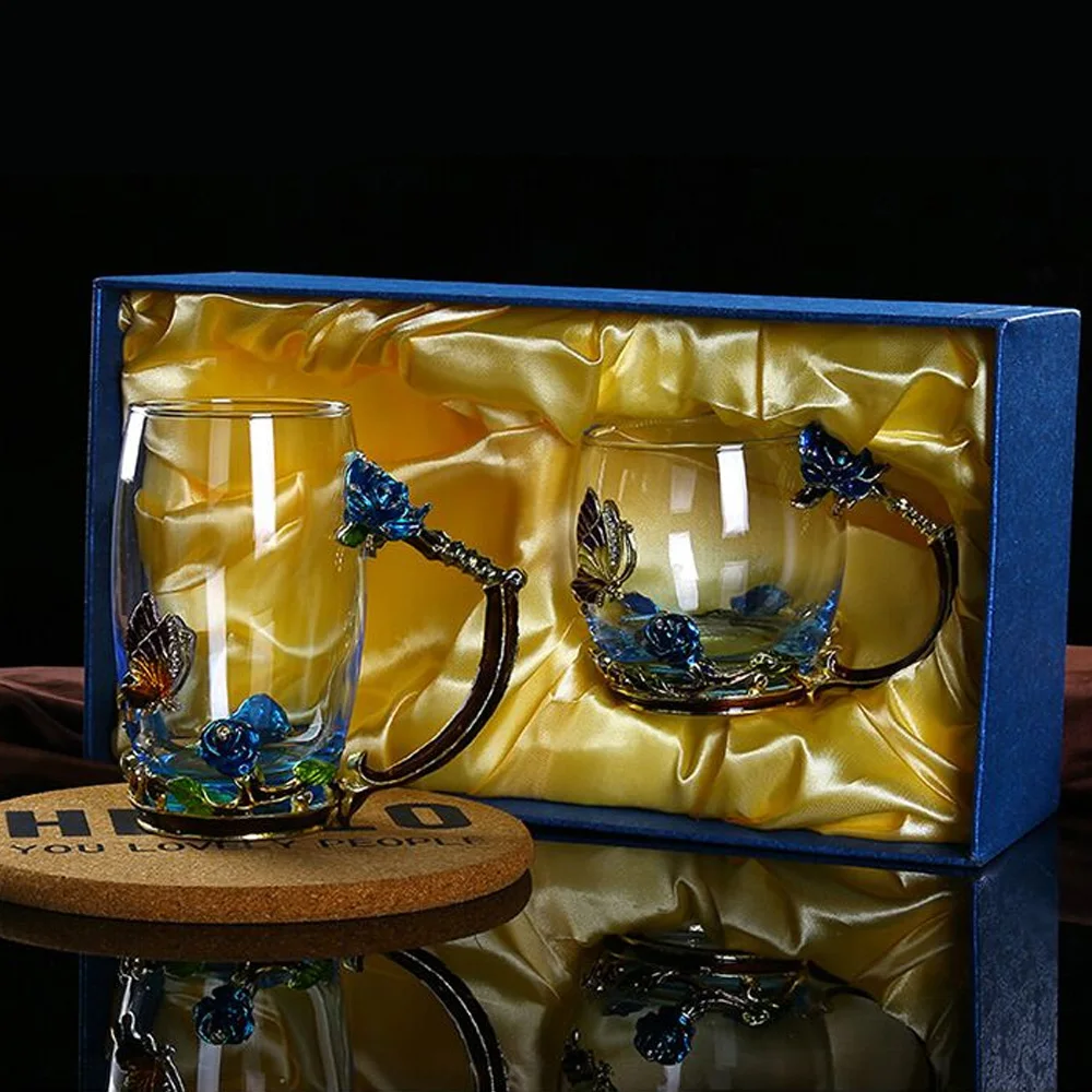 

2 шт., резьба по синей Розе, эмалированный цвет, чайная чашка Луо-поэзии, хрустальные термостойкие креативные подарки для свадебной вечеринк...