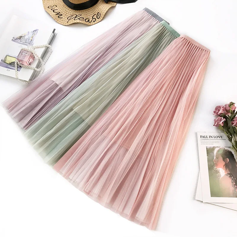Small fresh Tulle Skirts Womens 2019 Summer Long Midi Skirt Female Elastic High Waist Pleated Tutu Saia | Женская одежда