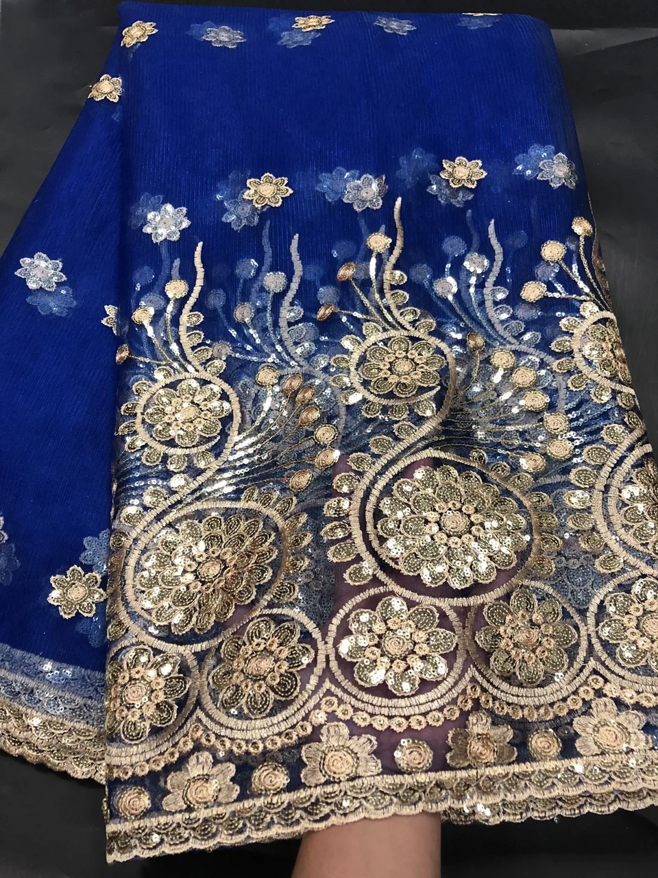 

2018 High Quality African Lace Fabric Royal Blue French Net Embroidery Sequins Tulle Lace Fabric for Nigerian Party Dress ZJ001