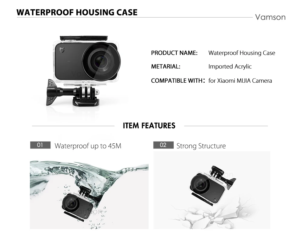 Vamson для Xiaomi mijia 4k водонепроницаемый чехол для дайвинга защитный корпус чехол для камеры 4K корпус для экшн-камеры набор веревки безопасности VP641