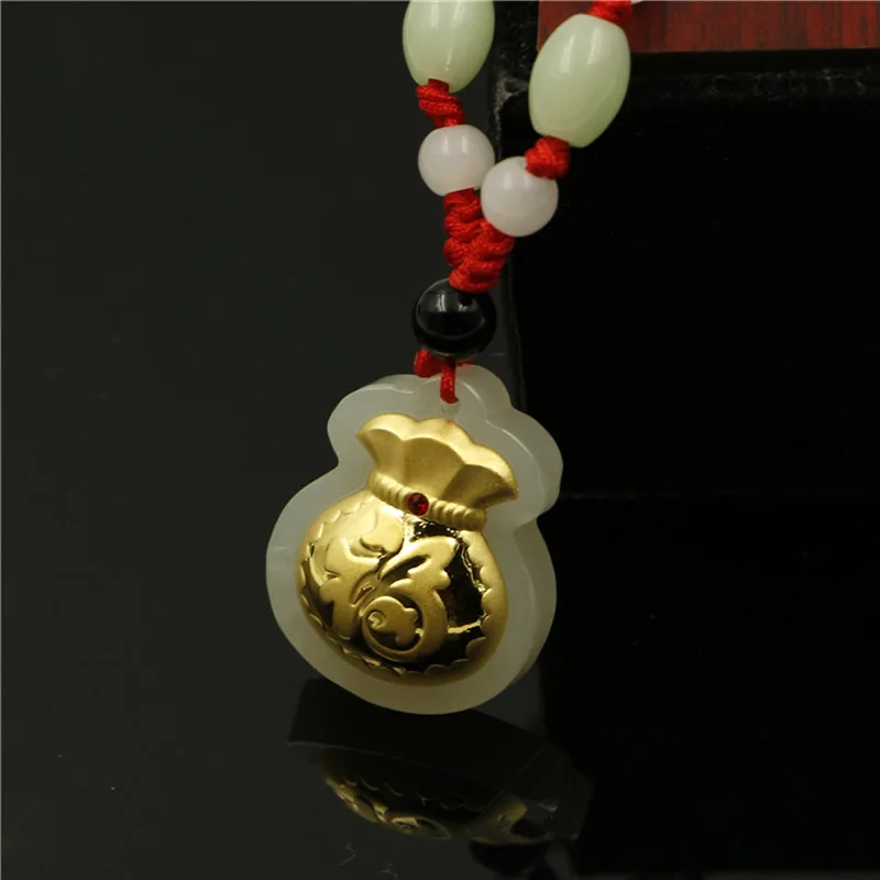 

New Arrival Pure 24K Yellow Gold Natural Jadeite Lucky Bag Pendant