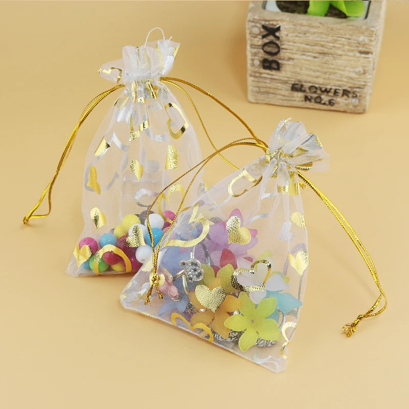 

White Color Heart Brozning Popular Organza Jewelry Gift Bags Cheap Organza Pouches Big Size Christmas Bags 20x30cm 100pcs/lot