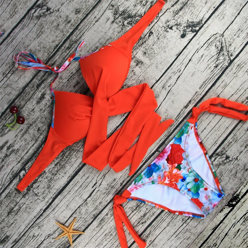 Женская сексуальная пляжная одежда с крестиком и цветочным принтом купальники