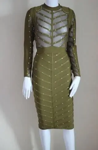 high quality new sexy fashion women wholesale pink grey black olive green long sleeve beaded bandage dress Dress + suit | Женская одежда