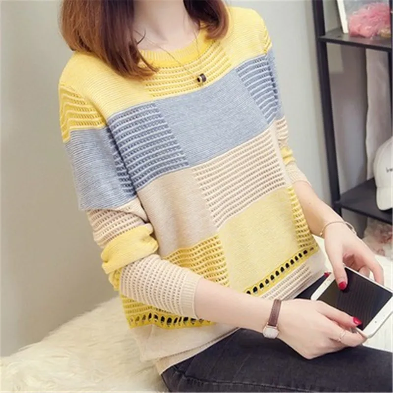 2021 Spring autumn women sweater Korean color matching loose striped long-sleeved pullover Knitwear Hollow A275 | Женская одежда