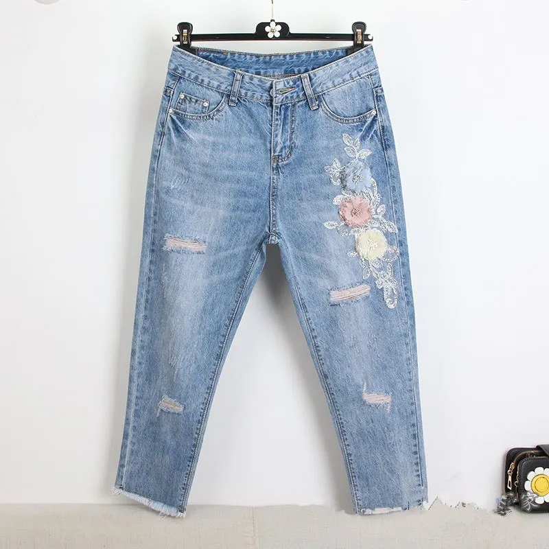 LUOSHA, женская летняя футболка, 2 шт., стильная вышивка, 3D цветок, короткий рукав, футболка+ тяжелая работа, джинсовый костюм с дырками