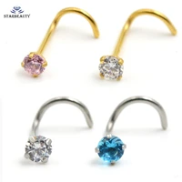 1 piece aa zircon 2 5mm gem nose stud piercing surgical steel s shape gold silver color nose ring prong cz nose jewelry 20g