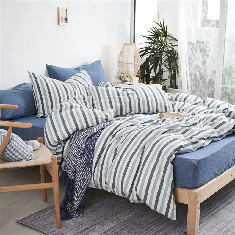 

Quality 4pcs Bedding Set Fitted Sheet Quilt Duvet Cover Pillowcase Pillow Sham Washable 100% Cotton Strip Gray White Orange