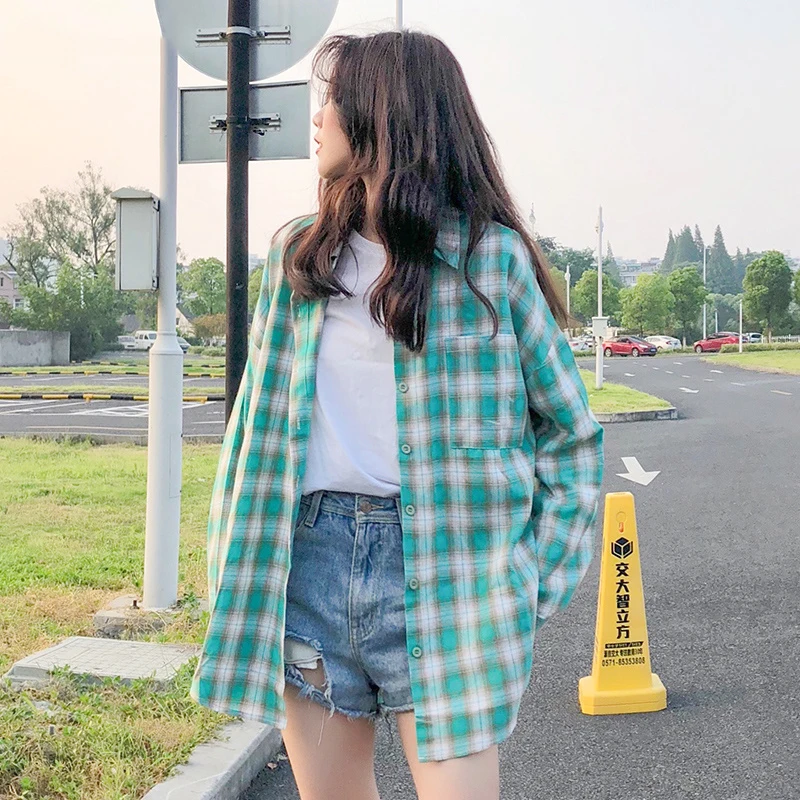 

Shirts Women Harajuku Candy Color Girls Loose Long Sleeve Turn-down Collar Simple Plaid Retro All-match Womens Korean Kawaii