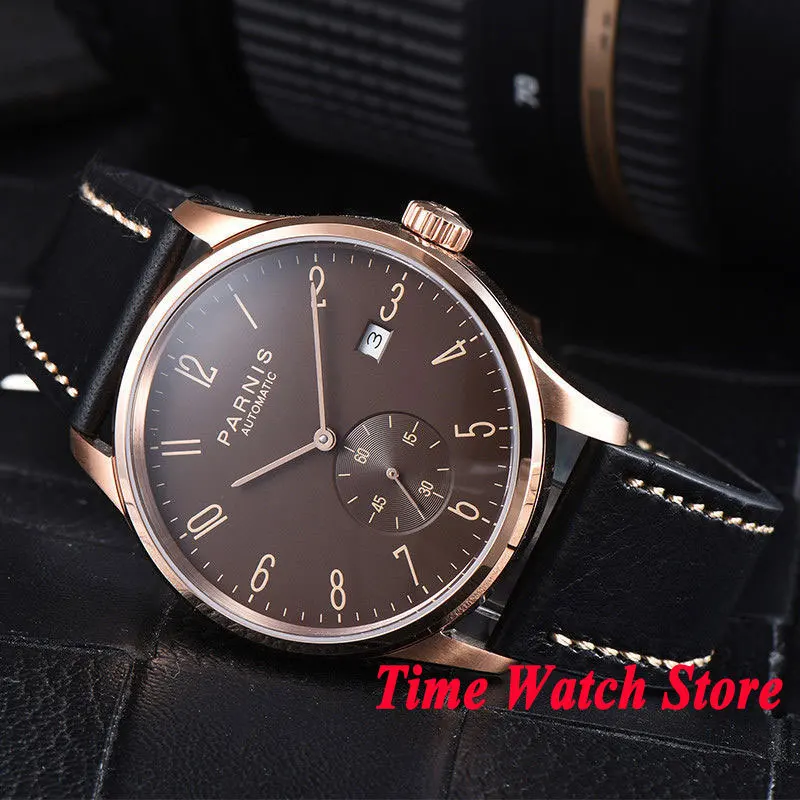 42mm Parnis men's watch Rose golden case brown dial Arabic numerals DATE 5ATM ST1731 Automatic wrist men 957 | Наручные часы