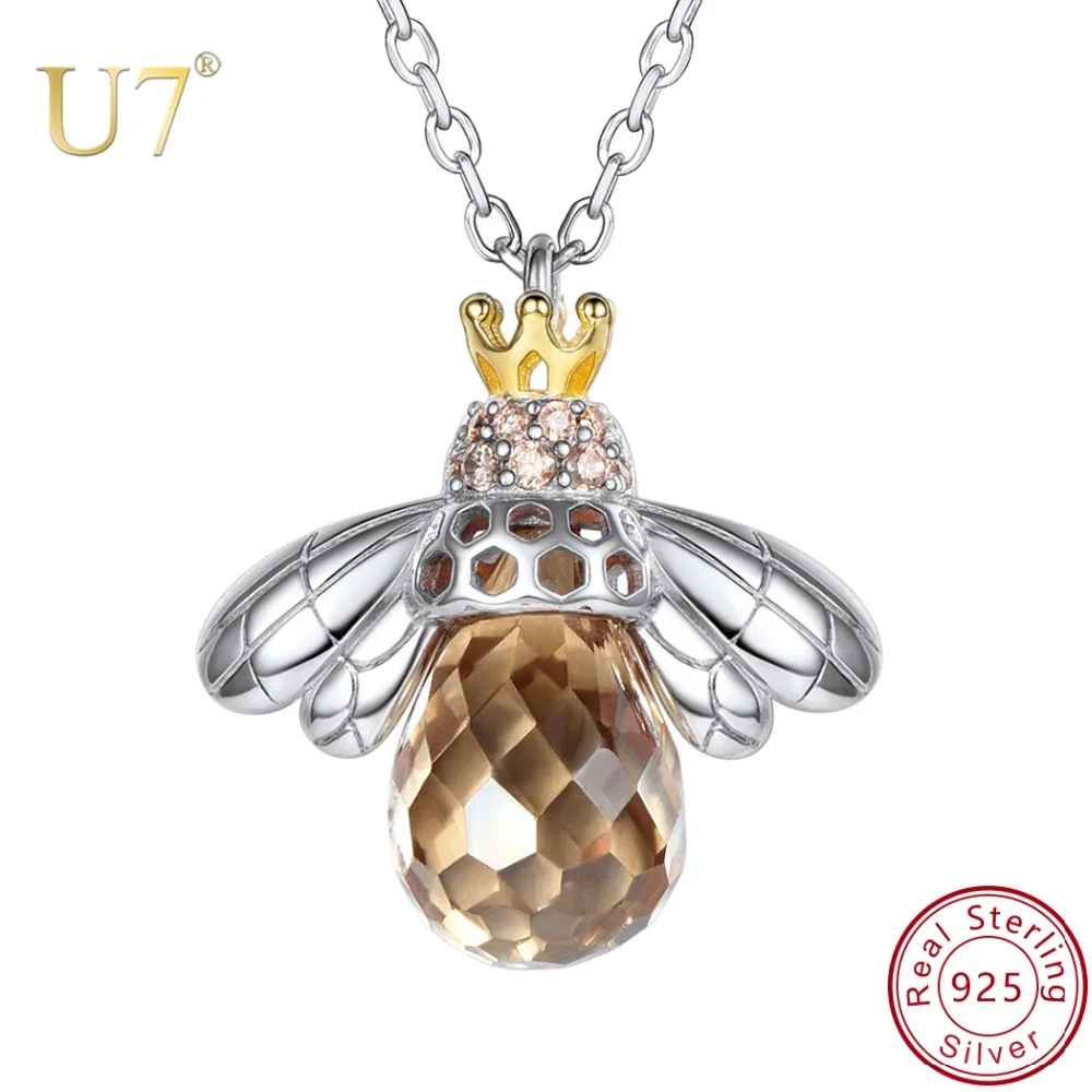 

U7 925 Sterling Silver Yellow CZ Honey Bee Animal Pendants Necklace for Women Party Wedding Jewelry Gifts Choker Collier SC174