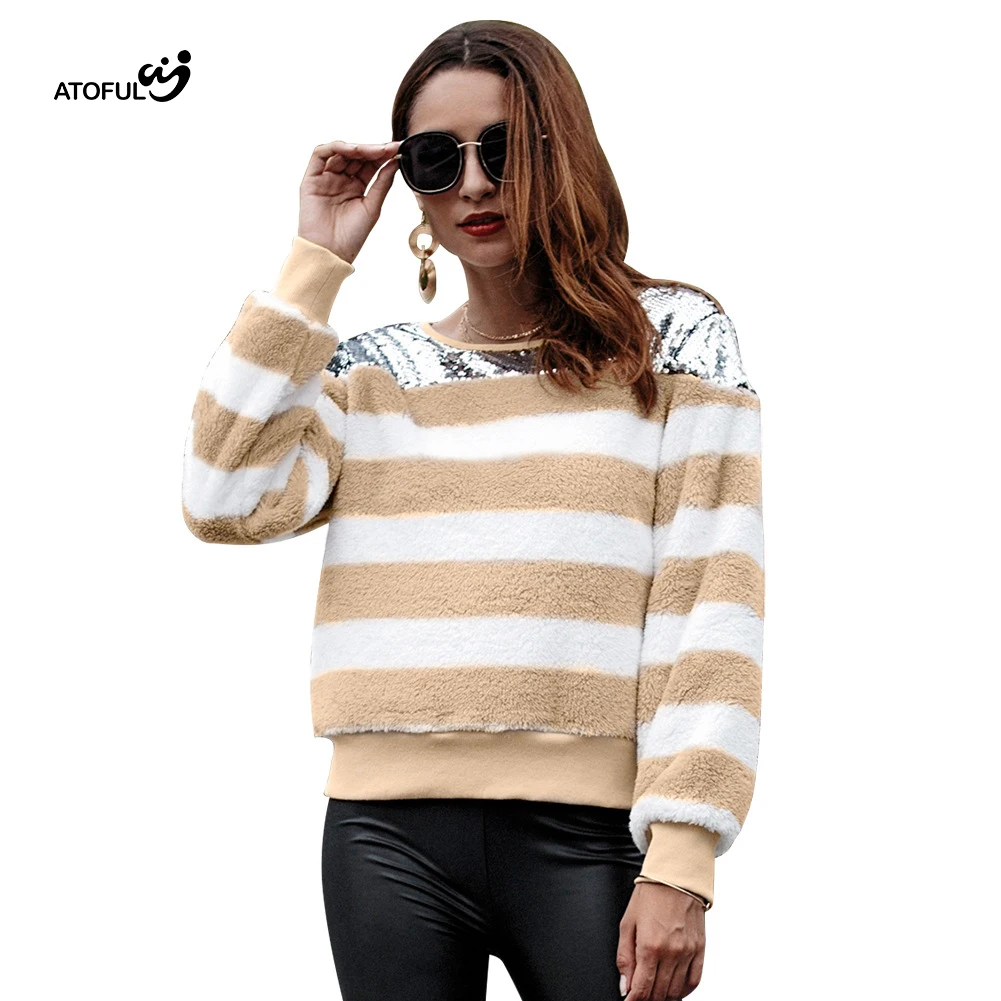 ATOFUL 2018 новый осень полосатый пуловер Roupas Для женщин с длинным рукавом стежка