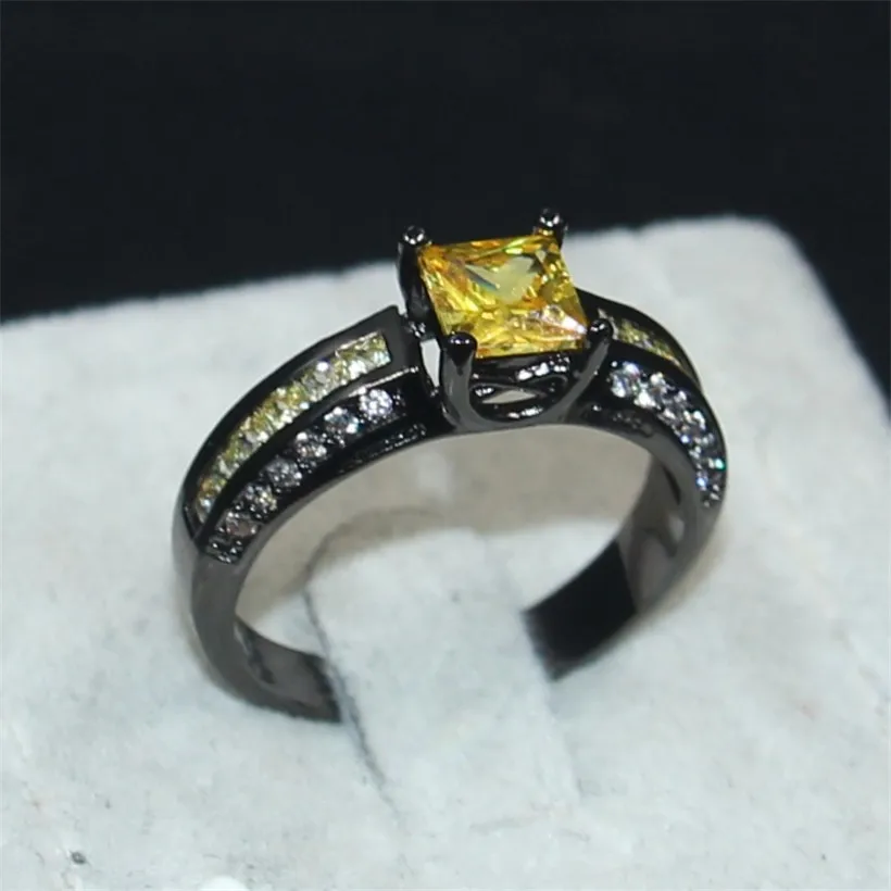 choucong Wedding jewelry Anniversary Rings finger Set for Women 2-in-1 Yellow Princess-cut 5a Zircon 10KT Black gold filled ring | Украшения