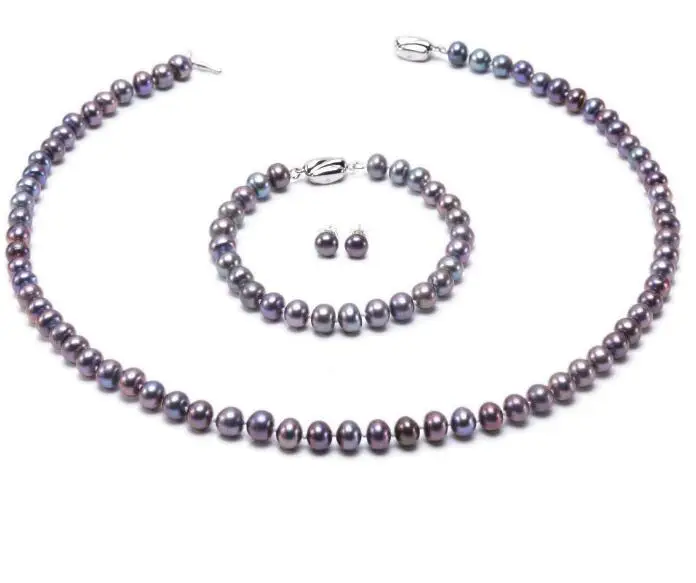 Jewelry Pearl Set Necklace 7-8mm Dark-purple Cultured Freshwater Bracelet Earrings Free Shipping | Украшения и аксессуары