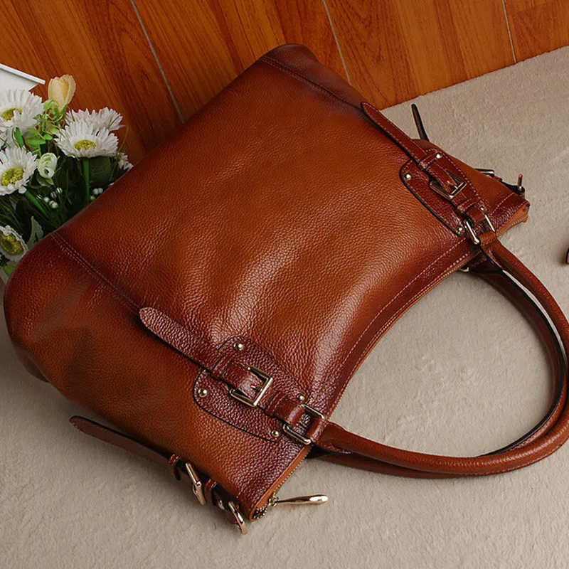 Сумка-тоут женская из натуральной воловьей кожи модный вместительный саквояж на