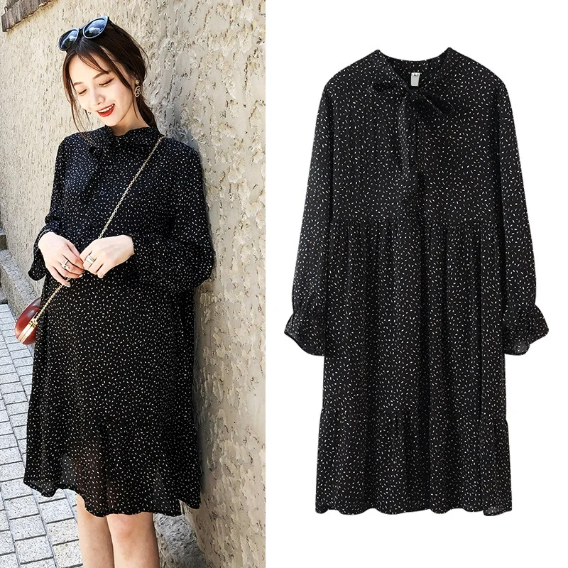 Moms Black Print Dot Chiffon Maternity Clothes for Pregnant Women Lactation Dress Knee-Length Breastfeeding Dresses Spring | Мать и
