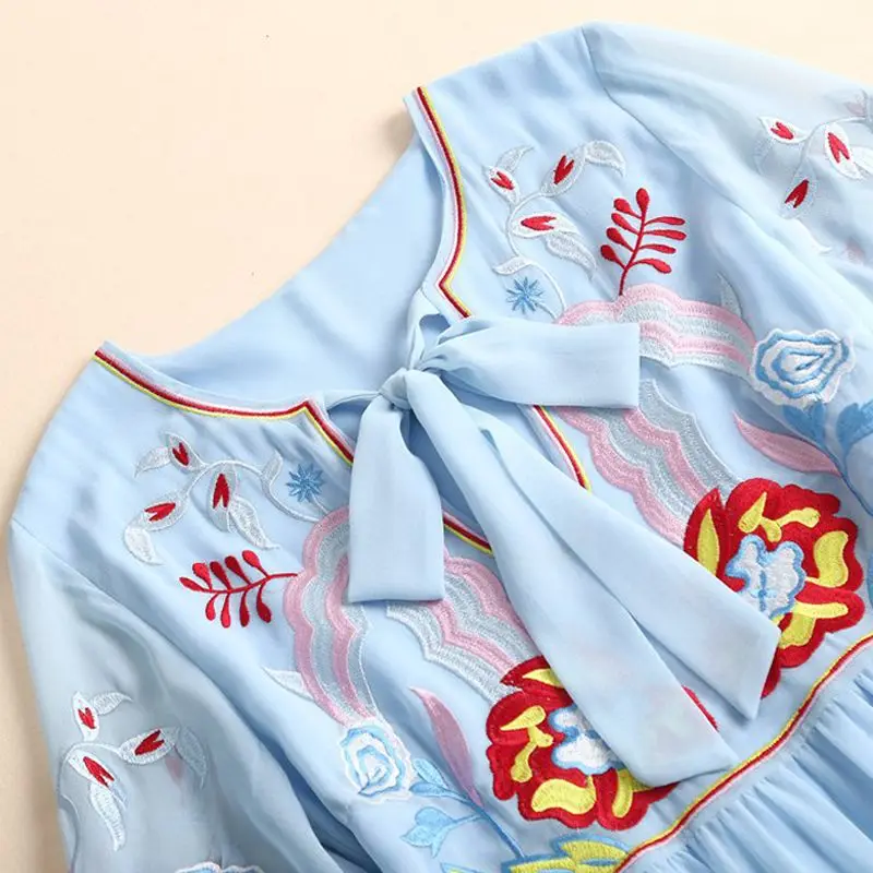 S-XL Тяжелая Вышивка Лоскутное Дизайнер V шеи рукав фонарик тонкие длинные платья