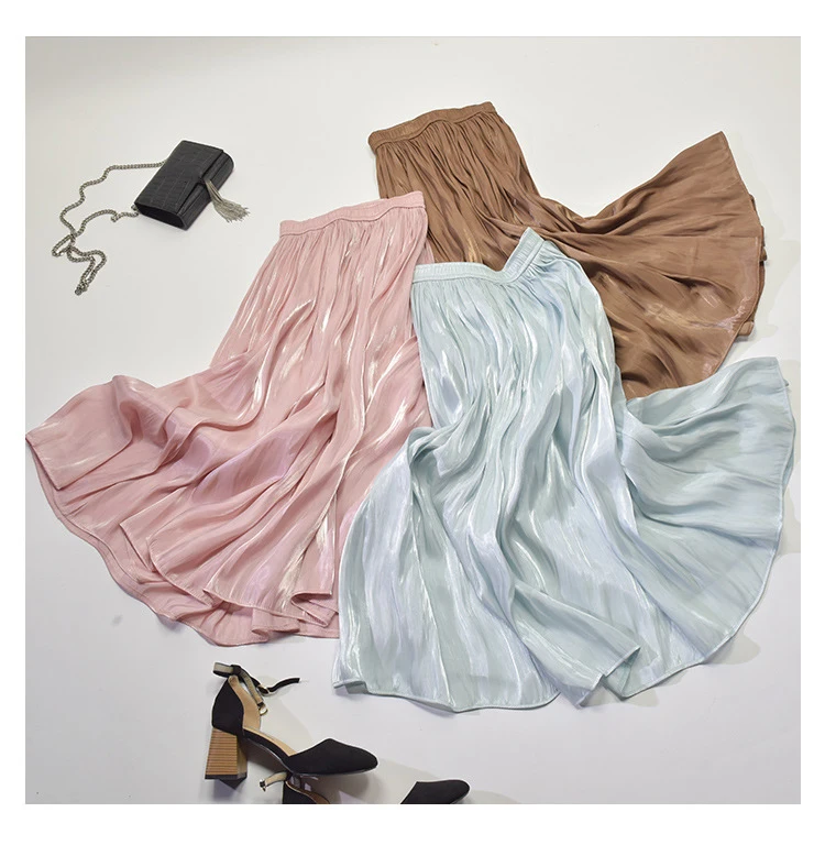 2022 Spring New Korean Style Pleated Skirt Elastic Waist Pearl Luster Silk Slippery Faldas Largas Elegantes Free Shipping