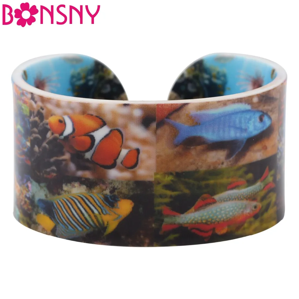 

Bonsny Acrylic Wide Cute Ocean Animal Fish Pattern Bracelets Bangles Novelty Sea Collection Jewelry For Women Girls Gifts Bijoux