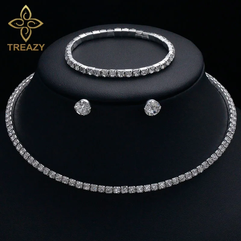 TREAZY Circle Crystal Bridesmaid Bridal Jewelry Sets Silver Color Rhinestone Wedding Necklace Earrings Bracelet for Women | Украшения и
